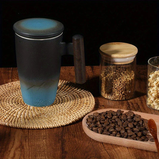 Handmade Ceramic Coffee/Tea Mug with Large Ceramic Strainer (BLUE)