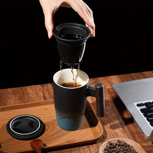 Handmade Ceramic Coffee/Tea Mug with Large Ceramic Strainer (BLUE)